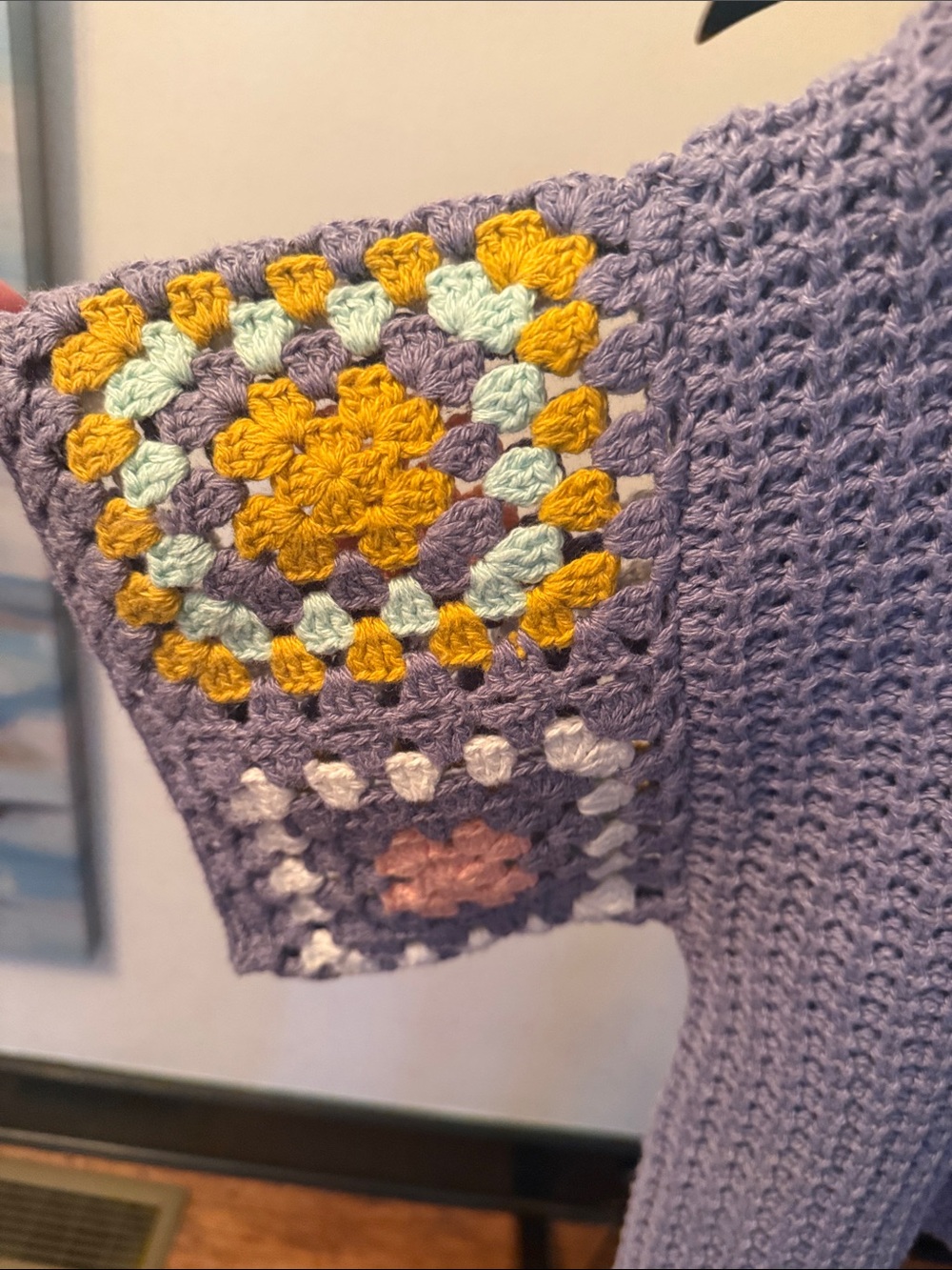 Dusty blue Crochet Knit Women's Sweater with Granny by Square Accents - Picture 2 of 5